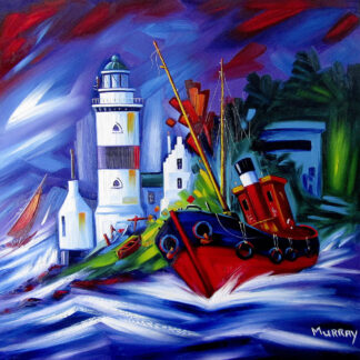An expressive, colorful painting depicts a lighthouse, boats, and dynamic brushstrokes suggesting movement and energy on the sea. By Raymond Murray